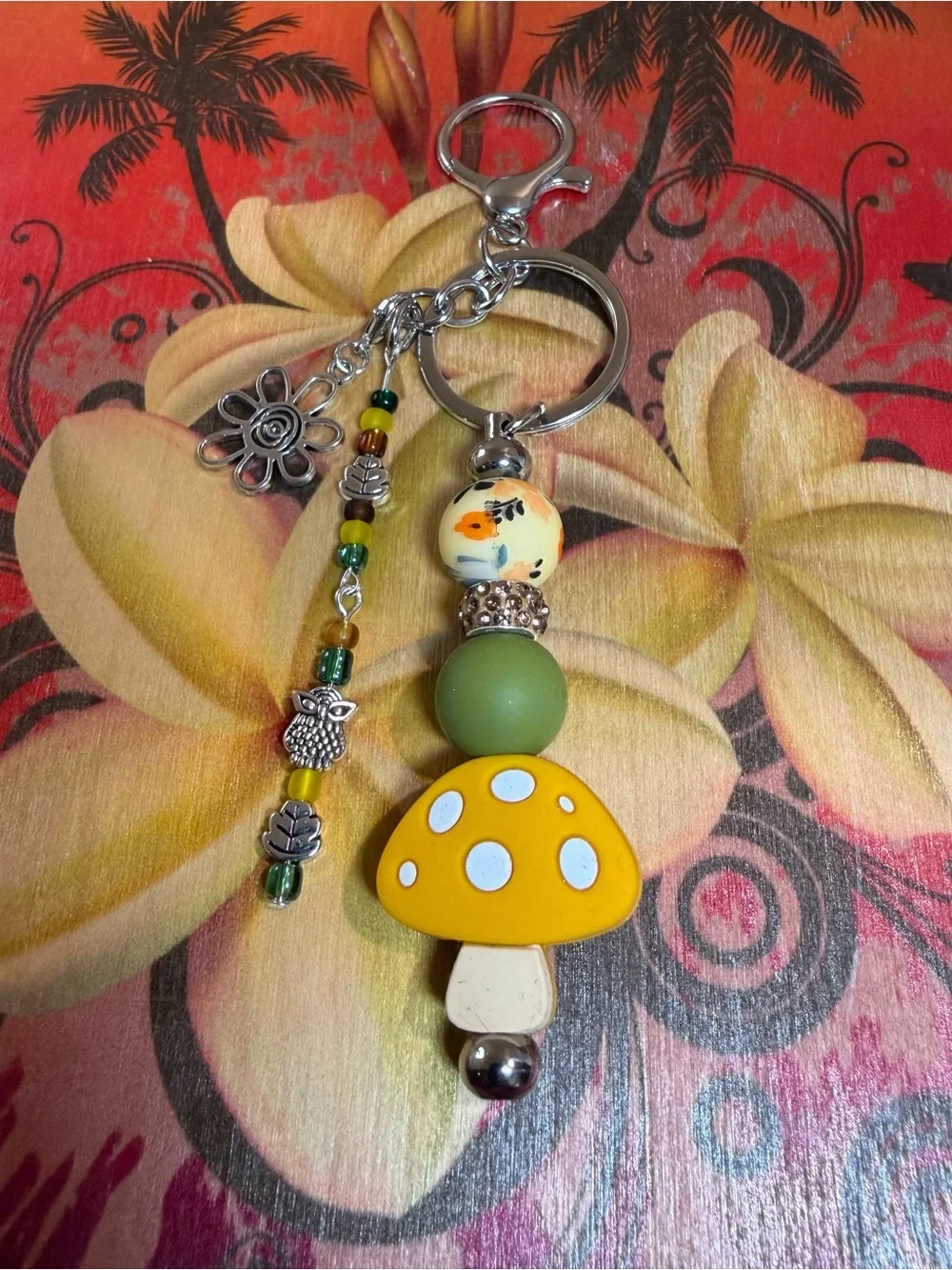 Cute Yellow Mushroom Kids Keychain with Green Bead